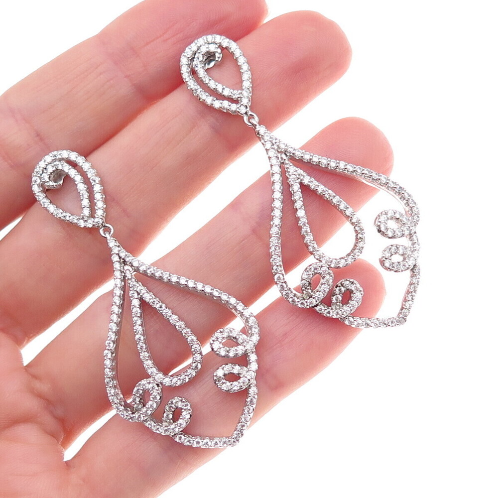 925 Sterling Silver Round-Cut C Z Floral Dangle Earrings